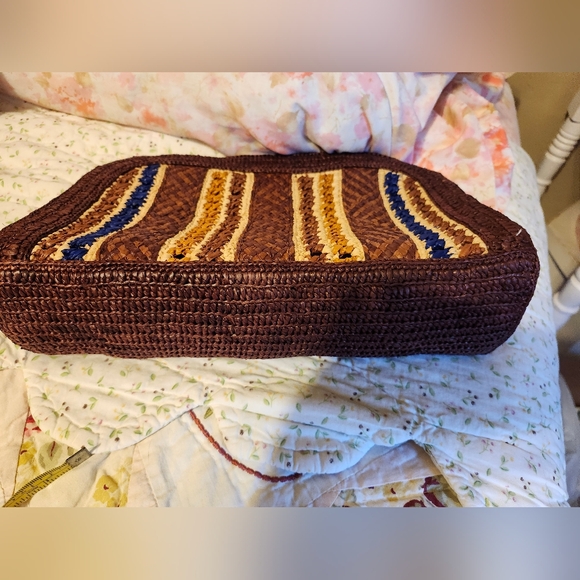 Sezane Raffia Clutch Bag In Brown, Ecru, & Blue - Picture 3 of 7